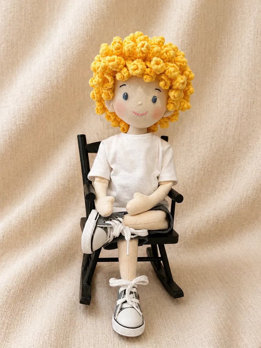 Boneco de pano de cabelo amarelo cacheado com camiseta branca