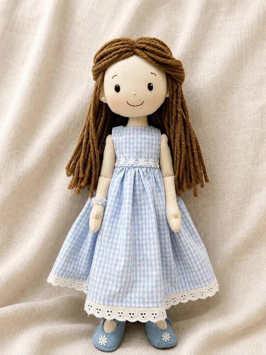 Boneca de pano com vestido azul xadrez e cabelo castanho longo