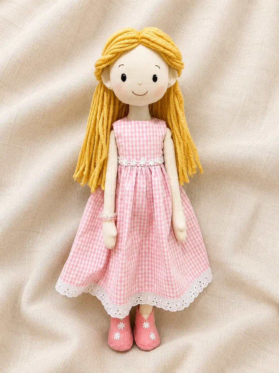 Boneca de pano loira com vestido longo rosa xadrez
