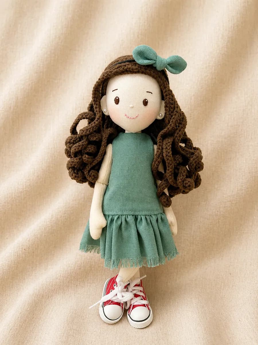 Boneca de pano com vestido verde e laço verde no cabelo