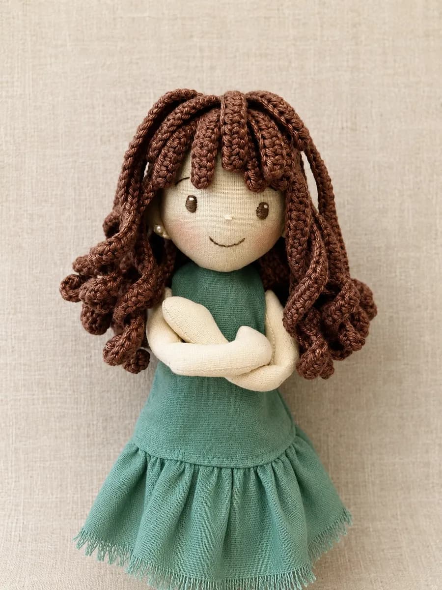 Boneca de pano com vestido verde e cabelo castanho cacheado